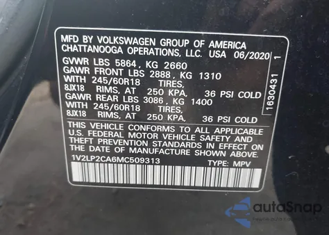2021 Volkswagen Atlas 2.0T Se z USA, uszkodzony, nr VIN 1V2LP2CA6MC509313